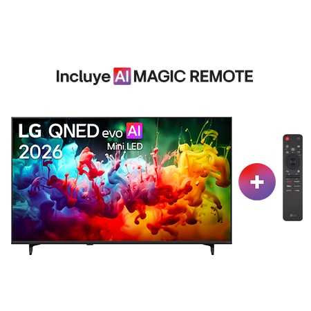 A vista frontal da LG QNED AI QNED70 Mini LED, lançada em 2026, preenche a tela com respingos vívidos e fluidos de movimento multicolorido, à medida que as cores finamente sobrepostas se dispersam suavemente pela tela.